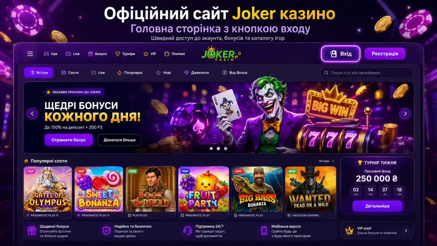 Офіційний сайт Joker казино &mdash; головна сторінка з кнопкою входу